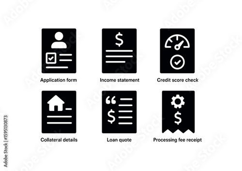 solid icon application form, income statement, credit score check, collateral details, loan quote, processing fee receipt isolated