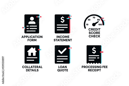 application form, income statement, credit score check, collateral details, loan quote, processing fee receipt, , , , , isolated