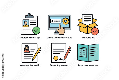 colored address proof copy, online credentials setup, welcome kit, nominee declaration, terms agreement, passbook issuance, perfect colored vector style isolated
