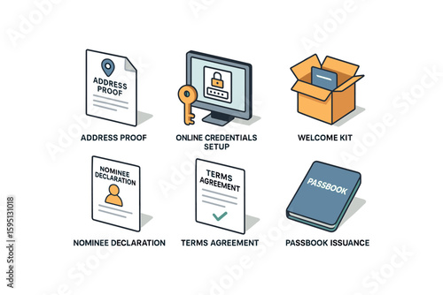icon address proof copy, online credentials setup, welcome kit, nominee declaration, terms agreement, passbook issuance, , , , , isolated
