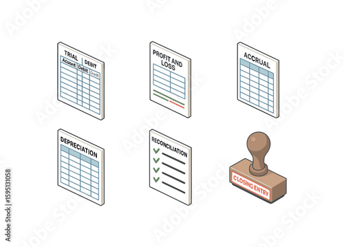icon trial balance worksheet, profit and loss statement, accrual spreadsheet, depreciation schedule, reconciliation checklist, closing entry stamp, , , , , isolated
