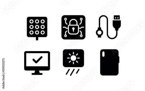 solid icon pressure sensor , encryption module, tether cable, verification software, backlight panel, protective cover isolated