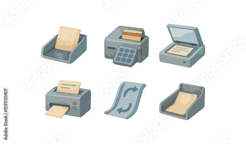watercolor icon feed tray, MICR reader, image sensor, endorsement printer, document path, output pocket paint colored isolated