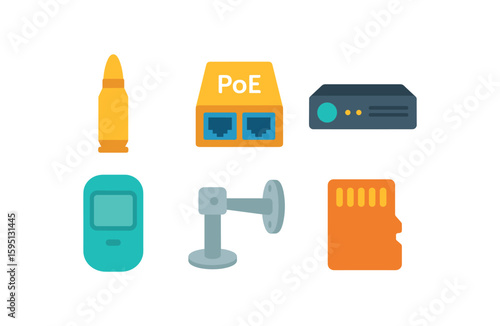 objects bullet casing, PoE injector, DVR recorder, motion detector, mounting arm, microSD slot solid color icon, outline, vector fills, palette, minimal , isolated
