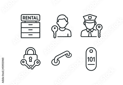 outline stroke icon rental drawer unit, customer key, guard key, dual control lock, pull handle, number plate tag, monoline icons style isolated