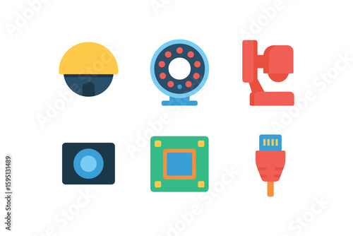 objects dome housing, IR LED ring, pan tilt motor, lens module, image sensor, network cable, solid color icon, outline, vector fills, palette, minimal , isolated