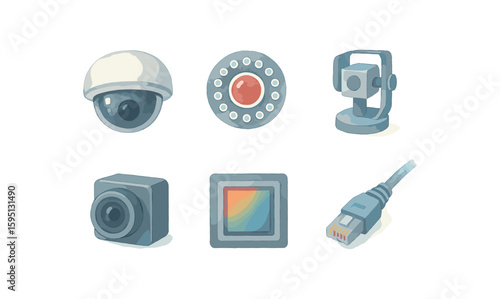 watercolor icon dome housing, IR LED ring, pan tilt motor, lens module, image sensor, network cable, paint colored isolated