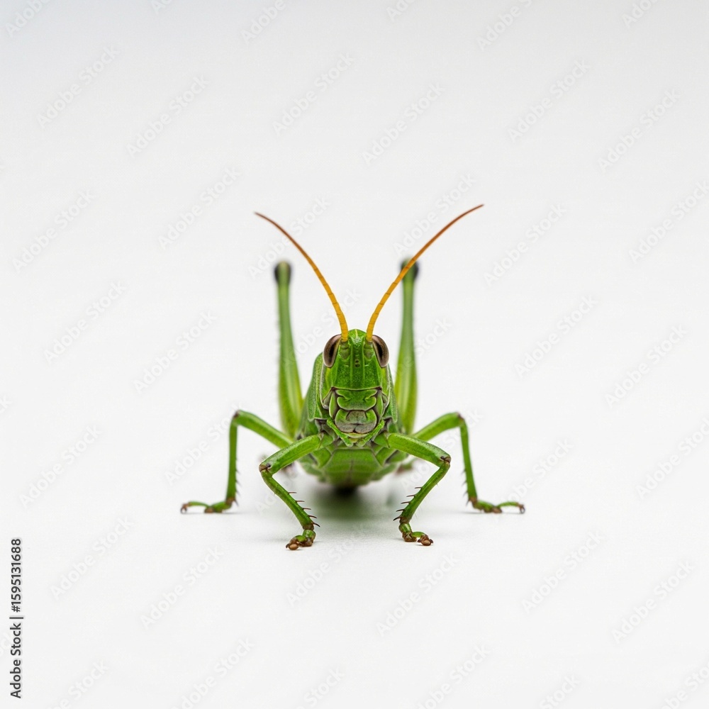 Fototapeta premium Close-Up of a Green Grasshopper Facing Forward on a White Background