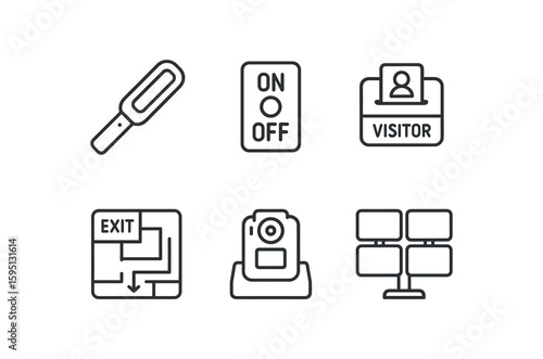 outline stroke icon metal detector wand, alarm override switch, visitor badge printer, emergency evacuation map, body camera dock, surveillance monitor wall, monoline icons style isolated