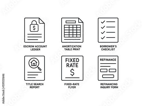 outline stroke icon escrow account ledger, amortization table print, borrower's checklist, title search report, fixed rate loan flyer, refinancing inquiry form, monoline icons style isolated