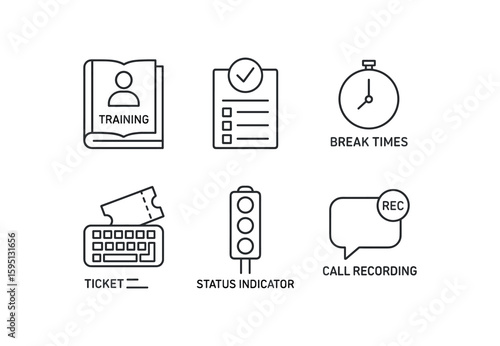 outline stroke icon training handbook, quality assurance scorecard, break room timer, ticketing system keyboard, status light indicator, call recording notice, monoline icons style isolated