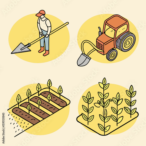 Cartoon illustration of farming with a tractor, farmer, and seedlings