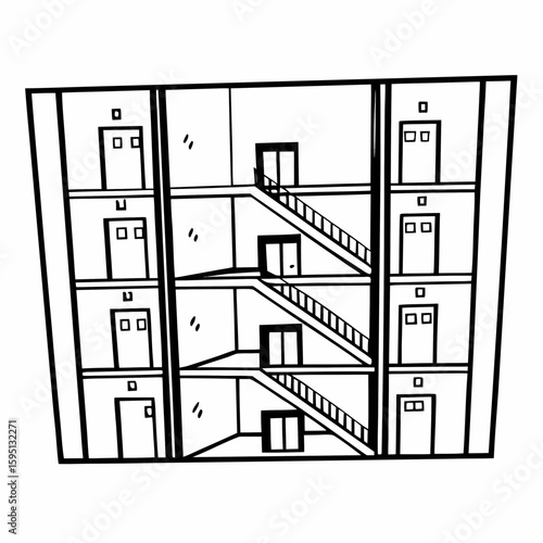 A cutaway line drawing of an apartment complex showing interior rooms, stairs, and elevators in side-view