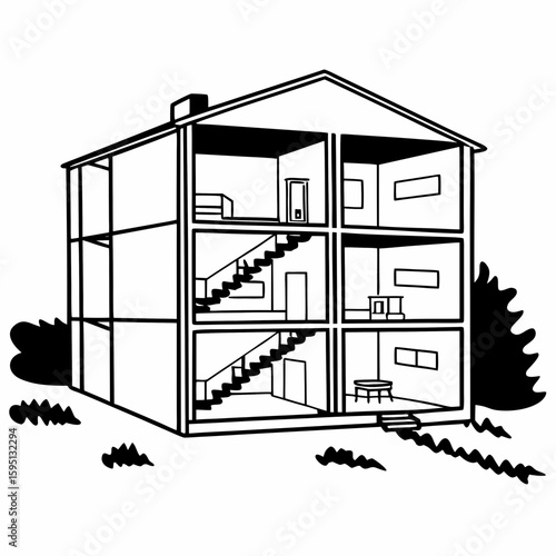 A cutaway line drawing of an apartment complex showing interior rooms, stairs, and elevators in side-view