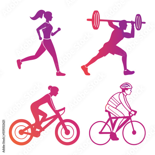 People exercising by running, lifting weights, and cycling isolated on white background