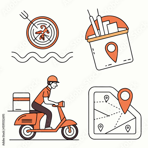 Food delivery icons including seafood, drink, scooter and map isolated on white background