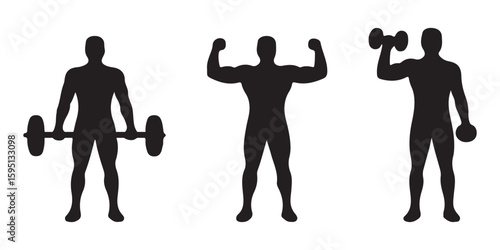 Male bodybuilder silhouettes, muscular poses, fitness figure collection, flexing muscles, strong man body, gym training concept, vector isolated set