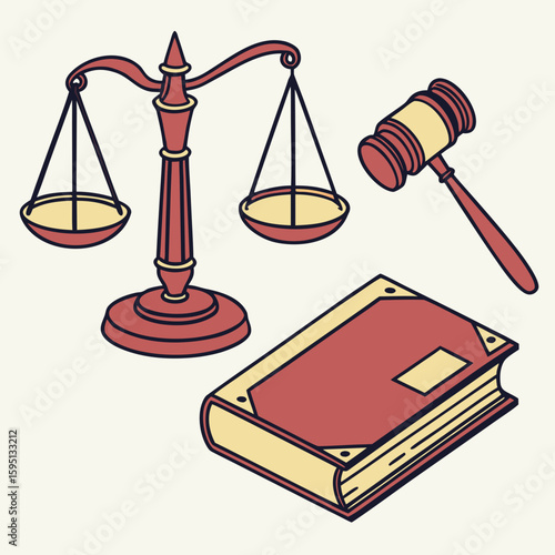 Law icons represent justice, judgment, and legal proceedings