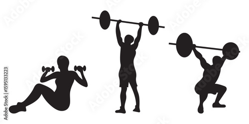 Gym and fitness silhouette collection. Set of fitness people doing fitness and gym activities.