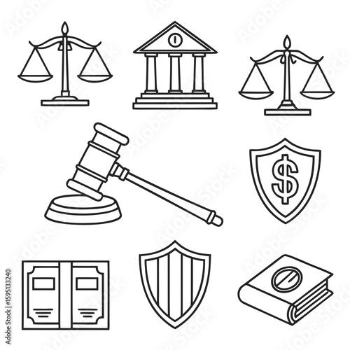 Legal icons representing law and justice isolated on white background