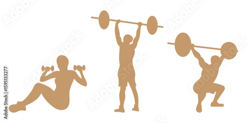 A set of black silhouettes depicting men and women performing various strength training exercises like squats and lunges with weights.