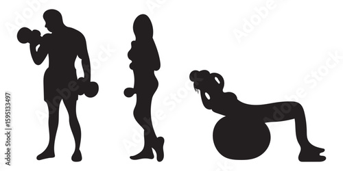 Set of bodybuilders vector silhouettes. Posing muscular