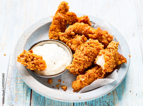 Canvas Print Cornflake Chicken Tenders on a plate with mayonnaise sauce
