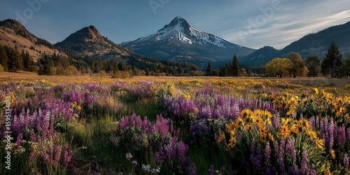 Majestic mountain landscape adorned with wildflowers during golden hour in Oregon's Cascade Range