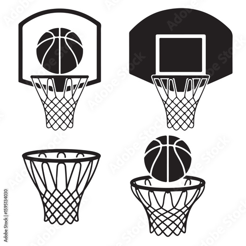 black vector various style Basketball hoop, basketball and goal, net, ring icon silhouettes set
