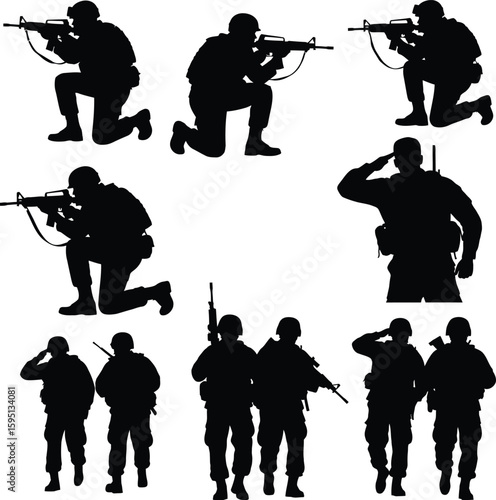 Vector art of silhouettes of soldiers in combat with guns and weapons