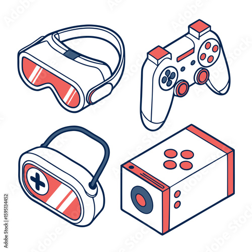 Isometric gaming icons including a vr headset and controller