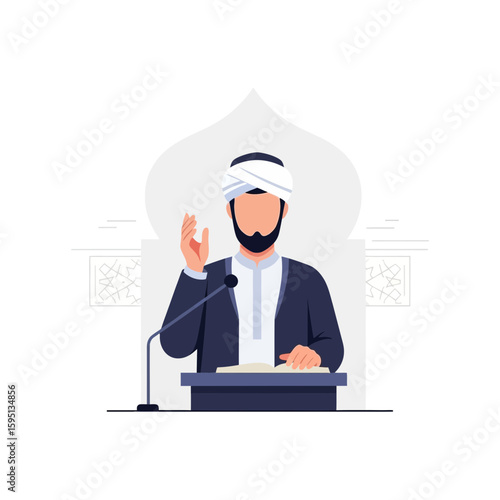 Man with turban speaking at podium with microphone in front of mosque.