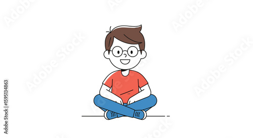 A Cheerful Young Boy with Glasses Sitting Cross-legged in a Simple White Background Wearing a Red Shirt and Blue Pants
