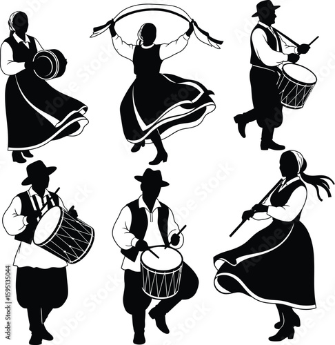 Vector art of silhouettes of traditional dancers and musicians with drums isolated on white background