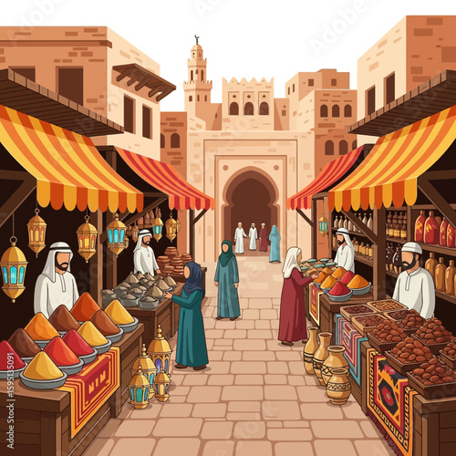 Middle eastern market scene with stalls people and architecture in warm colors.
