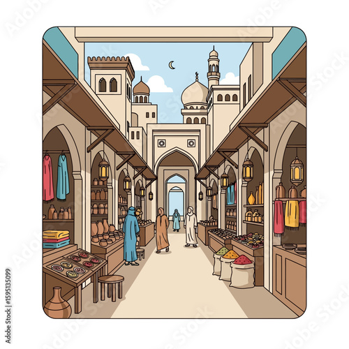 Illustration of a middle eastern market street with buildings and people.