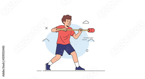 Young athletic boy swinging a heavy weight during an intense fitness training session outdoors on a sunny day with clouds in the background