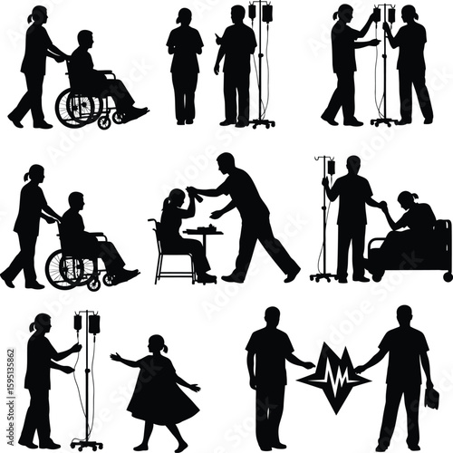 Vector art of silhouettes of medical staff assisting patients in various situations isolated on white background