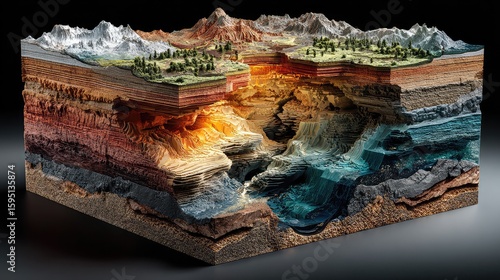 3D geological cutaway of earth layers highlights soil science, environmental modeling, and underground mapping using digital visualizations for research and geospatial technology.