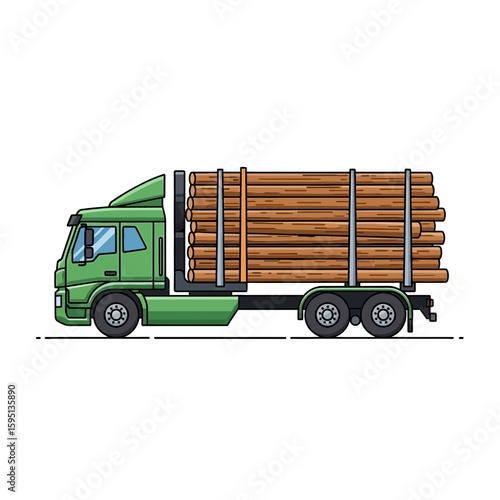 Green truck carrying logs on a flatbed trailer side view illustration.