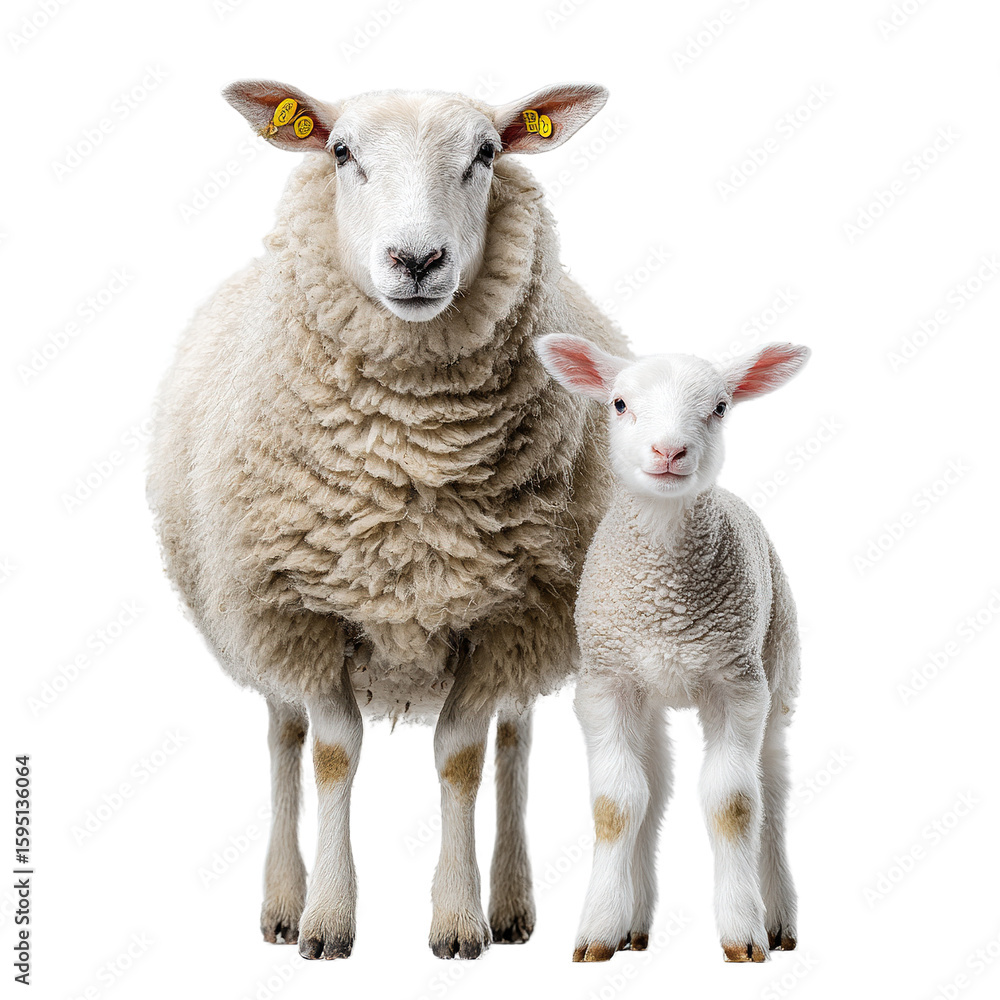 Fototapeta premium Ewe and lamb: portrait of a mother sheep with her baby on black background