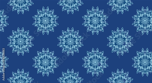 Intricate Blue Snowflake Pattern on a Deep Blue Background Seamless Repeating Fabric Design