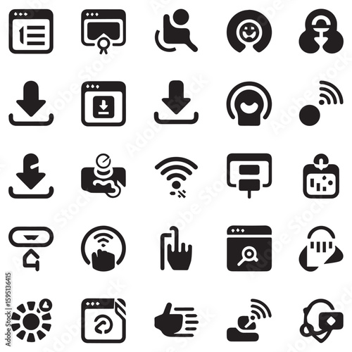 Collection of diverse technology and communication icons in a grid arrangement against light background
