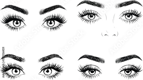 Set of beautiful woman's eyes with long eyelashes and perfect eyebrows. Vector illustration for beauty salon, makeup artist, and lash extensions.