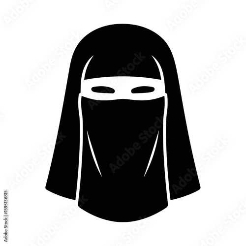 Woman wearing a niqab head covering in black and white illustration.
