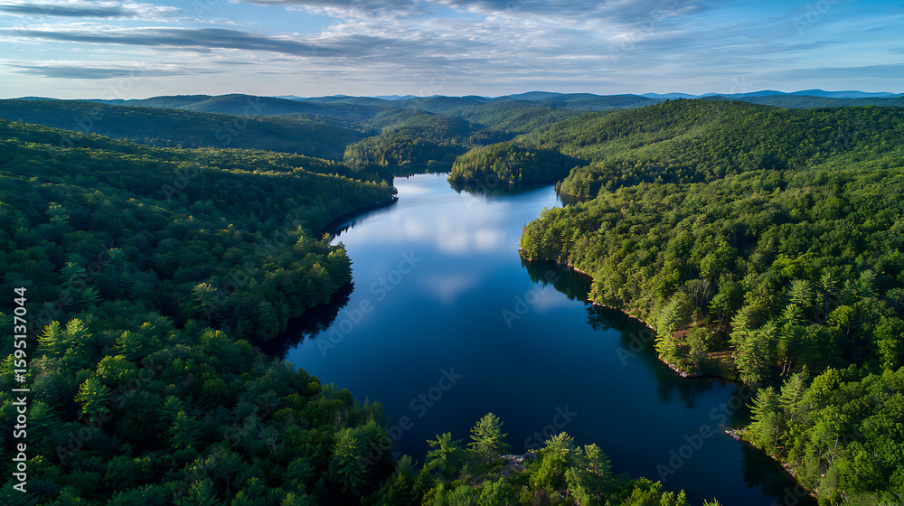 Naklejka premium Aerial Clearwater Karst Lake With Forest Reflections For Nature Or Environment Visuals