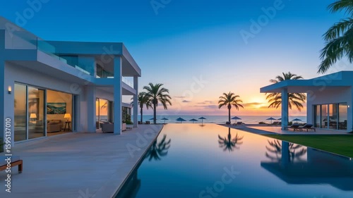 Luxury Villa Sunset: Contemporary oceanfront residence with infinity pool reflecting a vibrant tropical sunset, palm trees, and pristine beach views.