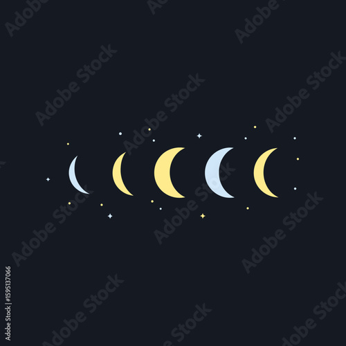 Moon phases illustration with stars on a dark background.