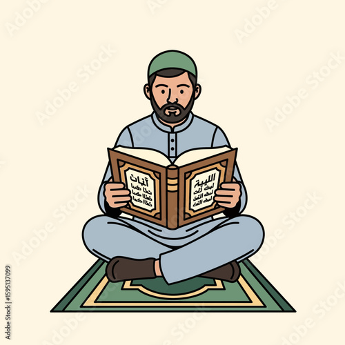 Man sitting cross-legged on prayer rug reading a book with text.