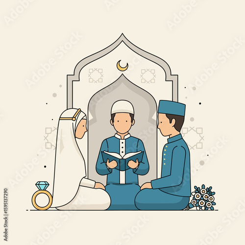 Illustration of a Muslim wedding ceremony with a man reading a book.